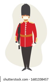 Ilustración vectorial de la Reina enmascarada. Cuarentena de Londres. Pandemia de coronavirus, concepto epidémico. Icono de los soldados del ejército británico