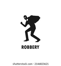 Masked robber carrying bag of stolen items simple black vector silhouette illustration.