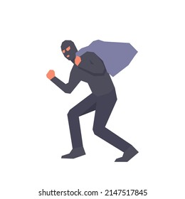 Masked Robber Carrying Stolen Items Simple Flat Vector Character Illustration.