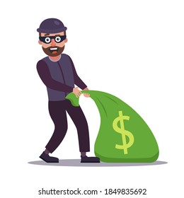 a masked robber drags a bag of money. Bank robbery. flat vector character illustration.