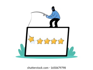 Masked robber with a fishing rode stealing rating stars from a mobile device. Concept of hacker attack, fraud, phishing, hacking. Cartoon flat vector illustration. Isolated on white background.