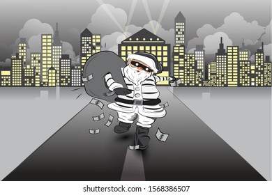 
Masked robber Pull a bag of money Cartoon Vector illustration