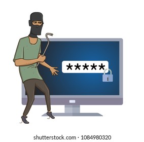 Masked robber with a puller trying to hack computer. Robber with the pry bar in front of computer screen with passward lock on it. Comic vector illustration. Isolated on white background