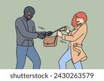 Masked robber takes bag from frightened woman who screams for help from police and does not want to give up personal belongings to criminal. Robber steals handbag, wanting victim wallet and phone.