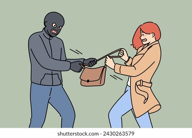 Masked robber takes bag from frightened woman who screams for help from police and does not want to give up personal belongings to criminal. Robber steals handbag, wanting victim wallet and phone.