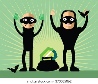 Masked robbers steal diamond - bad guys with guns and hand up. Funny childlike burglars with handbag and brilliant. Bandit giving up captured on 	the scene of the crime. Green sunburst background.