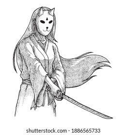 Masked Samurai Girl Holding Katana, Pointillism Illustration, Hand Drawn Vector 