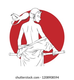 masked samurai girl , line art vector