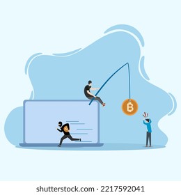 Masked scammer steals cryptocurrency on laptop. Thief steals bitcoins. Criminals steal cryptocurrency. cyber crime vector illustration, mining virus concept