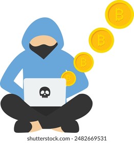 Estafador enmascarado roba criptomonedas en la computadora portátil. El ladrón roba bitcoins. Criminales roban criptomonedas. Ilustración vectorial de delitos cibernéticos, concepto de virus minero