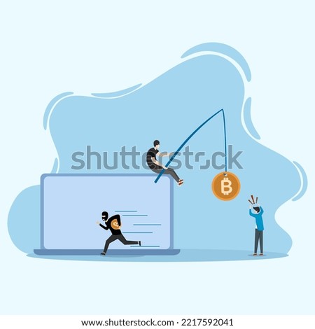 Masked scammer steals cryptocurrency on laptop. Thief steals bitcoins. Criminals steal cryptocurrency. cyber crime vector illustration, mining virus concept