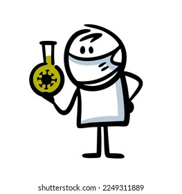 A masked scientist holds a transparent glass flask with a dangerous virus in his hand and thinks about protecting the epidemic. Vector illustration of medicine fight against covid.
