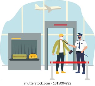 Masked security officer checking passenger body temperature at airport gate during new normal illustration