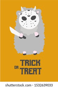 Masked sheep with a knife. trick or treat. Halloween postcard.