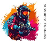 A masked soldier with a helmet on his head and a gun in his hand. Player of Airsoft games or Paintball. Colorful splashes on the background.