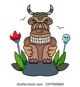 A masked stone idol with horns sitting on a stone. Ritual deity. Totem figure of Hawaii, Tiki. Magic, occultism. Cartoon vector doodle illustration