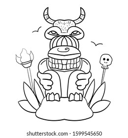 A masked stone idol with horns sitting on a stone. Ritual deity. Totem figure of Hawaii, Tiki. Magic, occultism. Cartoon vector doodle illustration. Coloring page adult and kids