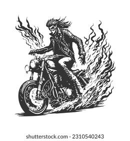 A masked street bandit with a motorcycle. Black and white design for clothing