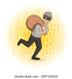 Masked thief with a bag on digital stream background. Robber running away. Comic vector illustration.