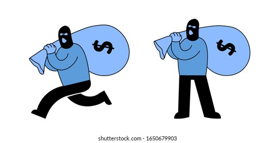 Masked thief or bank robber carrying a sack of money and running away, Cartoon character set of two. Cartoon flat vector illustration. Isolated on white background.