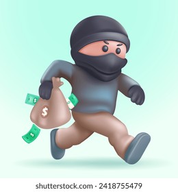 Masked thief carrying a bag of money. 3d vector, suitable for design elements
