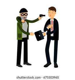 Masked thief character stealing briefcase from businessman vector Illustration