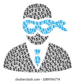 Masked thief collage of dollars and round dots. Vector banking pictograms are united into masked thief mosaic.