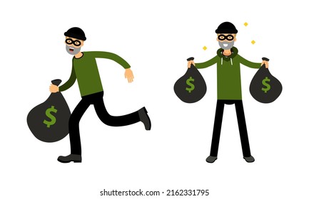 Un ladrón enmascarado cometiendo un juego de robos. Personajes criminales robando ilustración vectorial de dinero