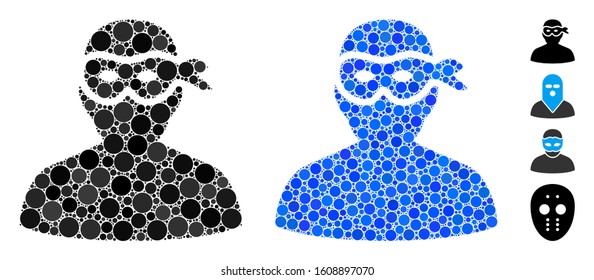 Masked thief composition of circle elements in variable sizes and shades, based on masked thief icon. Vector round elements are composed into blue composition.