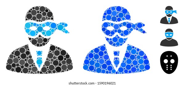 Masked thief composition of small circles in various sizes and shades, based on masked thief icon. Vector small circles are united into blue mosaic.