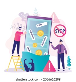 Masked Thief Or Hacker Steal Passwords And Money. Cyber Criminal Steal Personal Data From Smartphone. Mobile Phishing Attack. Police Officer Prepares To Arrest Criminal. Cop Fights Cybercrime. Vector