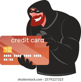 Masked thief holding credit card, criminal stole money on card. Stock vector illustration