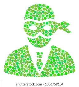 Masked Thief mosaic of circle elements in different sizes and green color tinges. Vector dots are composed into masked thief mosaic. Fresh design concept.