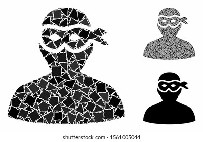 Masked thief mosaic of uneven items in various sizes and shades, based on masked thief icon. Vector uneven dots are united into mosaic. Masked thief icons collage with dotted pattern.