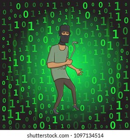 Masked thief with a puller on digital stream background. Hacker with the puller. Comic vector illustration.