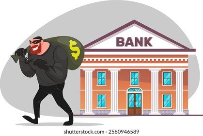 masked thief robbed bank, criminal with bag of money escapes from building of financial institution. Stock vector illustration.