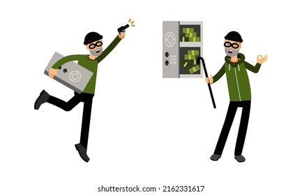 Masked thief stealing money set. Criminal characters breaking safe vector illustration