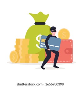 Masked thief steals a credit card, money, personal data. Flat vector cartoon illustration isolated white background.