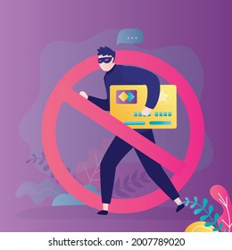 Masked thief steals credit card. Scammer or hacker stealing money. Prohibition sign. Stop scam and corruption. Concept of financial crimes, cyber attack, internet fraud. Flat vector illustration