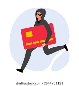Ladrão mascarado rouba cartão de crédito. Golpista ou hacker roubando dinheiro. Sinal de proibição. Parem com fraudes e corrupção. Conceito de crimes financeiros, ataque cibernético, fraude na internet.