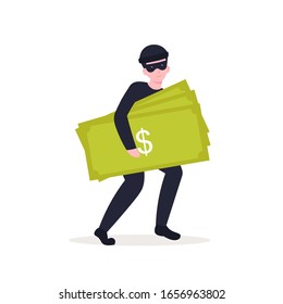 El ladrón enmascarado roba mucho dinero. Dibujo de dibujos animados de vector plano con fondo blanco aislado.
