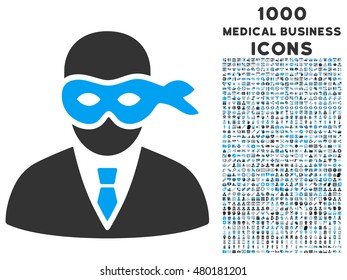 Masked Thief vector bicolor icon with 1000 medical business icons. Set style is flat pictograms, blue and gray colors, white background.