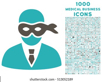 Masked Thief vector bicolor icon with 1000 medical business icons. Set style is flat pictograms, grey and cyan colors, white background.