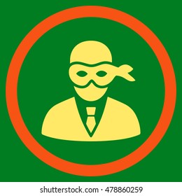 Masked Thief vector bicolor rounded icon. Image style is a flat icon symbol inside a circle, orange and yellow colors, green background.