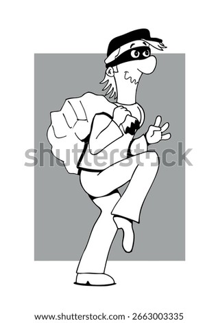 Masked thief walking stealthily on tiptoes carrying a big bag with stolen things on his back. Cute cartoon character black and white vector illustration.