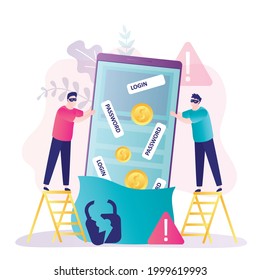 Masked Thieves Steal Passwords And Money. Two Cybercriminals Steal Phone With Personal Data. Mobile Phishing Attack. Concept Of Cyber Attack And Hacking. Internet Security. Flat Vector Illustration