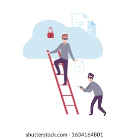 Masked Thieves Stealing Data From The Cloud Database, Cyber Crime, Hacking And Phishing Vector Illustration