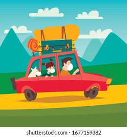 Masked tourist family going home vector illustration. Coronavirus 2019-ncov epidemic concept. Rider father, daughter and dog on the red car. Mountains background