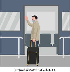 Masked traveler man using train for traveling during new normal
