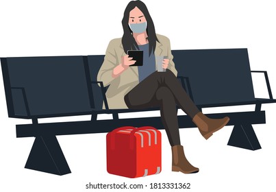 Masked traveler woman waiting for the train at train station waiting chair